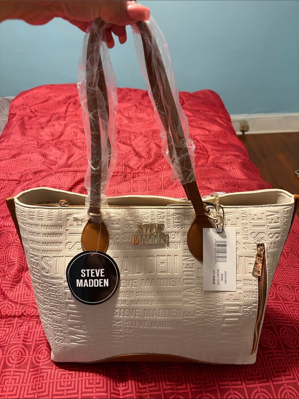Steve Madden Cream Tote with Brown Trim and Gold Hardware
